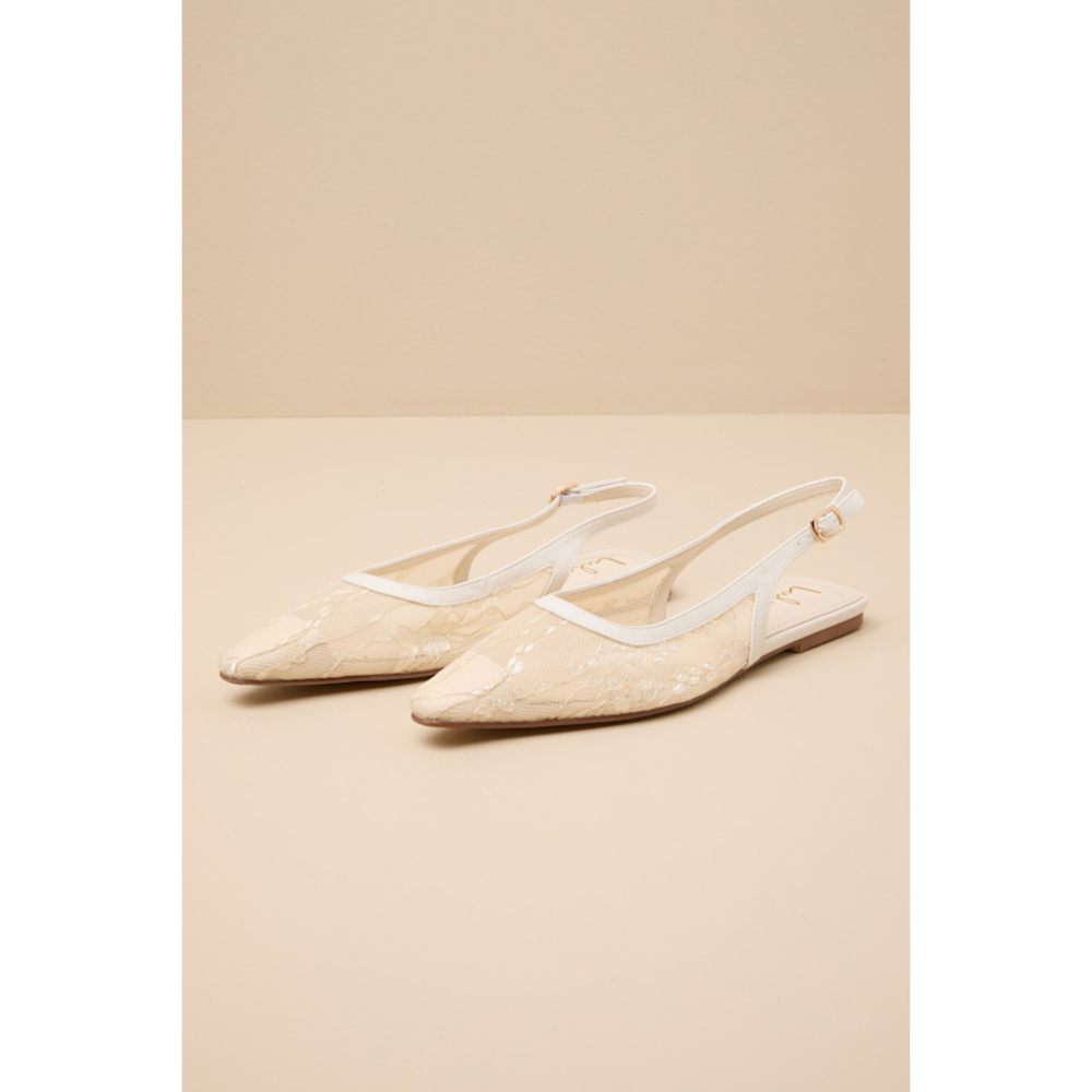 Lulus Cepheus Cream Mesh Embroidered Slingback Flats White - Size 7